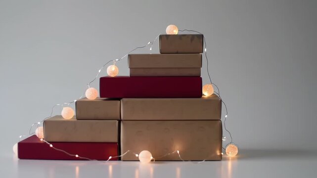 Stacked Gift Boxes with String Lights: Festive Minimalism