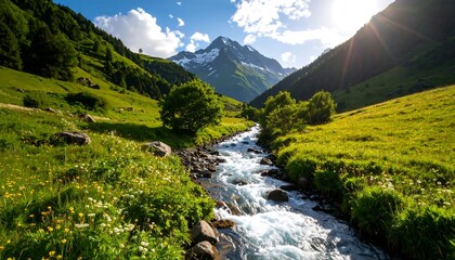 Mountain valley stream in sunlight