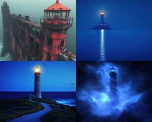 Four digital art images of lighthouses in varying settings, showcasing a misty, foggy, and luminous atmosphere