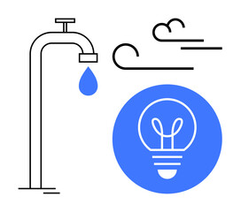 Faucet with water droplet, wind flow graphic, and light bulb icon symbolizing energy efficiency. Ideal for sustainability, environment, conservation, renewable resources, eco-friendly, innovation