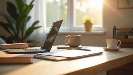 Sunlit home office desk with a laptop, creating a peaceful scene for a calm morning work routine.