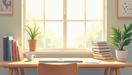 Sunlit Home Office Workspace with Books, Plants, and Laptop