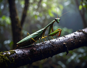 A praying mantis perches on a moss-covered branch in a lush, green forest.
