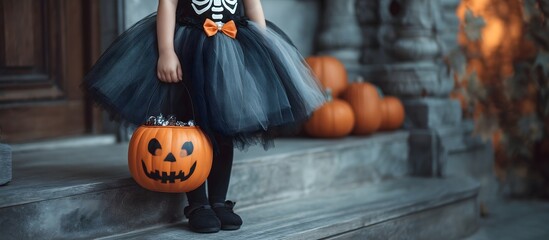 Adorable young girl dressed in a skeleton costume holding a pumpkin-shaped candy bucket, perfect for seasonal promotions, greeting cards, or children's fashion campaigns. 