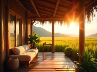 Fototapeta premium Tropical Wooden Terrace at Sunset