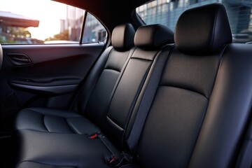 Rear seats of a car, black leather, city view