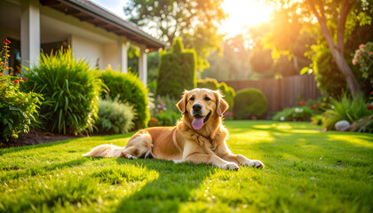 A happy Golden Retriever lies on the grass in a beautiful, sunlit garden.