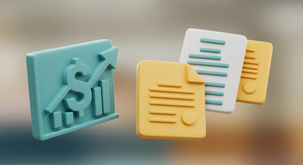 3D Rendered Financial Growth and Document Icons.