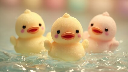 Three pastel-colored ducklings, light yellow and pink, appear to be floating in a shallow pool of water with ice crystals