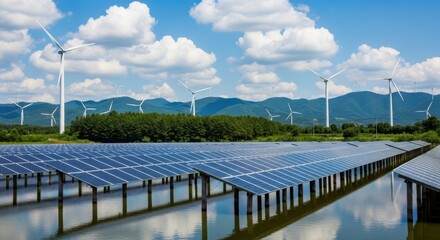 Naklejka premium Renewable energy farm with solar panels and wind turbines under a blue sky