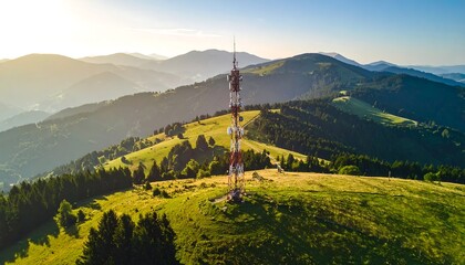 Mountaintop telecommunication tower at sunrise