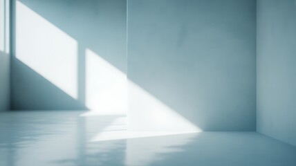 Empty minimalist room with soft blue walls and diagonal light shadows interior