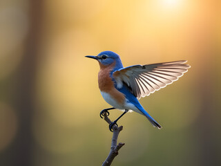 Naklejka premium A bluebird perched on a branch, wings spread, bathed in warm, golden light.