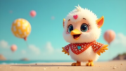 Adorable Bird Character with a Yellow Heart Balloon
