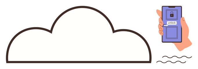 Cloud outline linked to a smartphone displaying a lock and unlock button. Ideal for cloud storage, data security, cybersecurity, mobile device access, technology services, remote access, simple flat