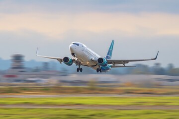 Obraz premium Airplane taking off, blurred runway