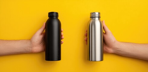 Two reusable water bottles, one black and one silver, held by hands against a bright yellow background