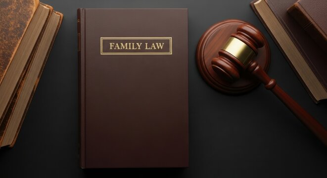 Family law book and gavel on a dark surface with other books