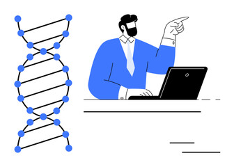 DNA double helix beside a professional with a laptop pointing towards analysis. Ideal for science, genetics, biotechnology, research, innovation, data interpretation, scientific exploration. A simple