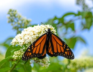 Fototapeta premium Monarch butterfly on a flower cluster against a blue sky