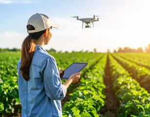 Farmer using a drone and a tablet to monitor 