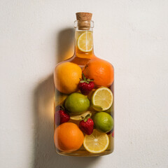 Wooden Bottle Filled with Assorted Fruits on White Background