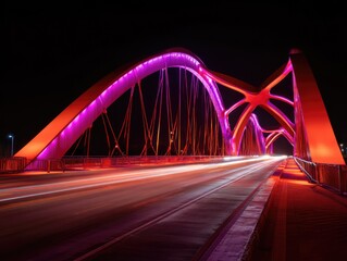Obraz premium Illuminated red-pink arch bridge at night