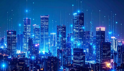 Fototapeta premium Futuristic city skyline at night with glowing lines