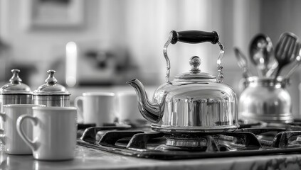 A black and white kitchen still life, featuring a shiny kettle on a stovetop