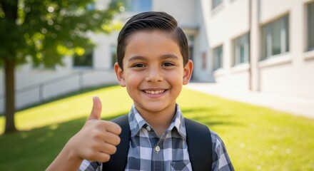 Happy young boy with backpack gives a thumbs up outside school