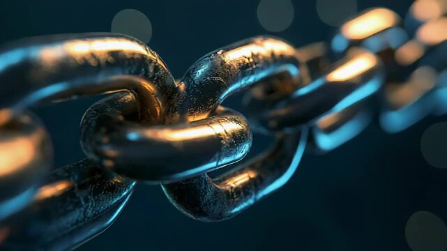 Close up of interlinked metal chain glowing in the dark