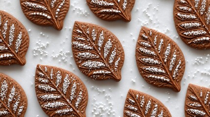Leaf-shaped gingerbread cookies overhead, cozy and minimal with autumn tones.