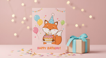 Fototapeta premium A cute birthday card featuring a fox with a cake, balloons, and a gift box. Celebratory and cheerful.