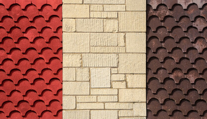 Fish tail roof tiles and beige stone textures.