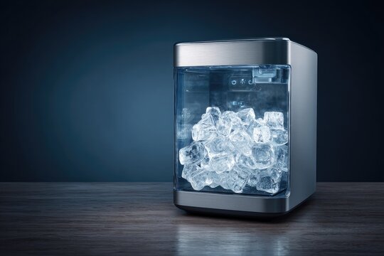 Modern ice maker on a wooden surface