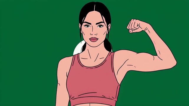 Animated Woman in Pink Sports Bra Flexing Biceps Against Green Background Illustration