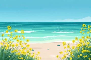Yellow flowers beach scene, blue ocean, sunny day. Stock photo