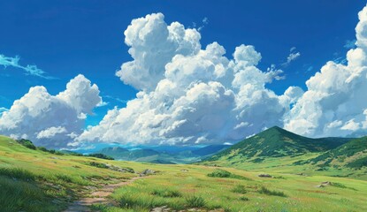 Sunny mountain meadow path, landscape, clouds. Stock photo
