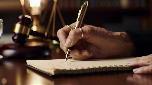 Close Up of Hand Writing on Paper with Golden Pen Gavel and Scales on Desk