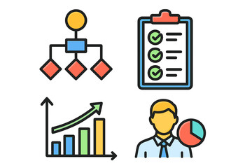 Business analytics icons depicting strategy, charts, and management workflow reporting icons
