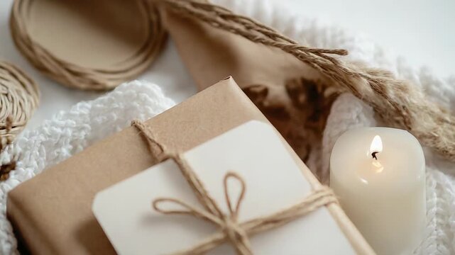 Wrapped christmas gift box with blank card and burning candle on cozy blanket