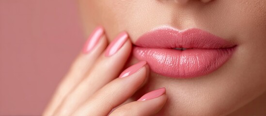 Naklejka premium Close-up, Woman's lips, Pink nail polish, Studio shot. Possible use Cosmetics