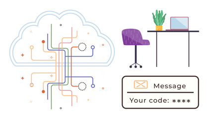 Cloud with interconnected lines representing digital networks, office desk setup with chair, laptop, and plant, and a secure verification code message. Ideal for cybersecurity, digital communication