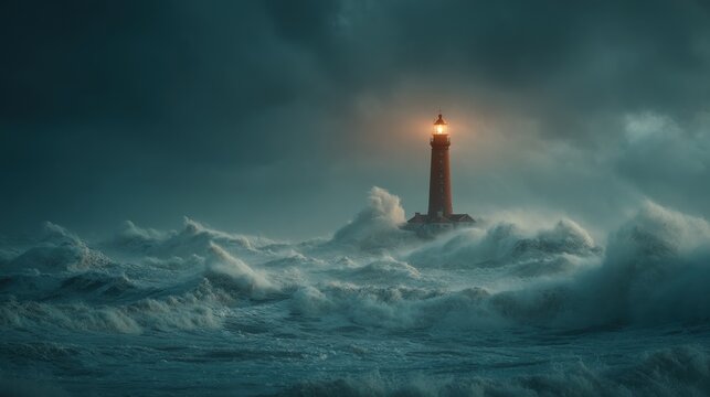 Dramatic view of a lighthouse amid a stormy sea, illuminated beacon
