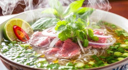 close-up of steaming bowl of authentic vietnamese pho with beef, herbs, and lime