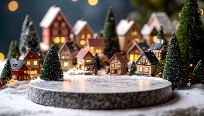 A festive miniature Christmas village scene with illuminated houses and snow-covered trees on a round platform.