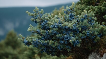 Fototapeta premium Close-up of juniper berries and foliage against a blurred mountain background