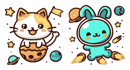 Cute Cat and Space Bunny Characters with Stars and Planets in Cartoon Style