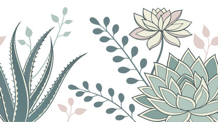 Delicate succulent and aloe plant illustration with soft pastel colors