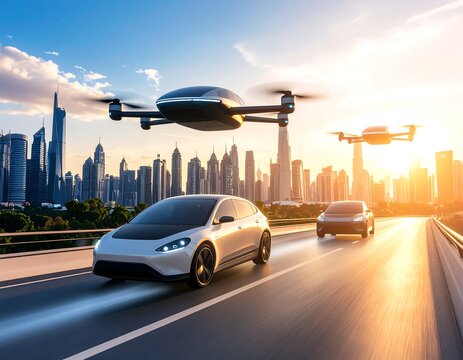 Futuristic city with electric cars and drones